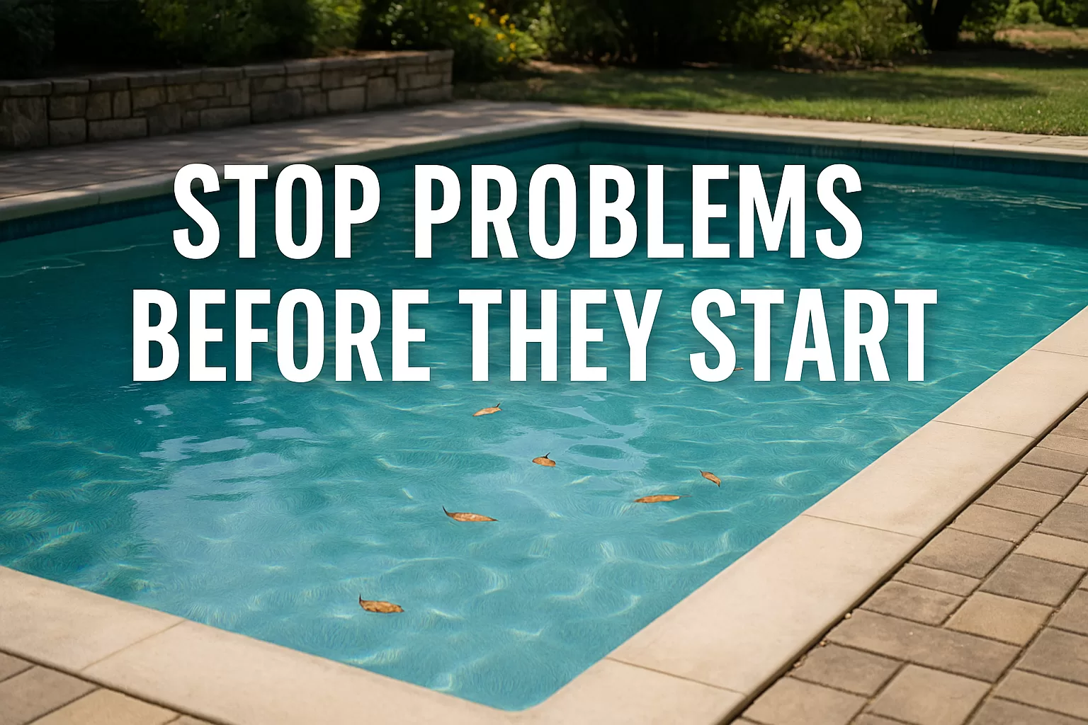 A clean backyard pool with a few scattered leaves floating on the surface. Overlay text reads “Stop Problems Before They Start,” encouraging midweek maintenance between professional pool cleanings.