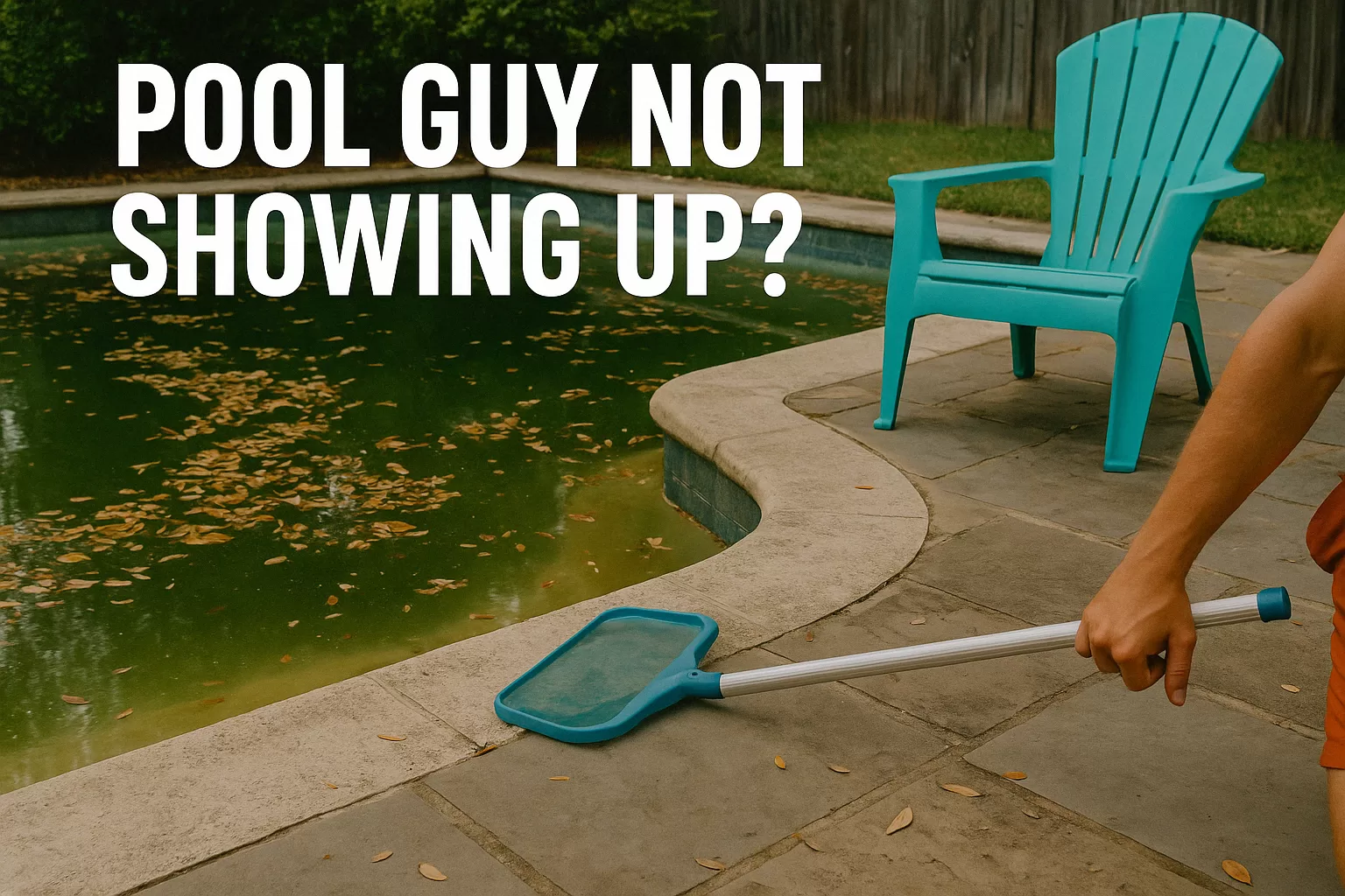 A neglected backyard swimming pool with cloudy water and scattered leaves. A skimmer net lies abandoned on the deck, suggesting unreliable service. Overlay text reads “Pool Guy Not Showing Up?”