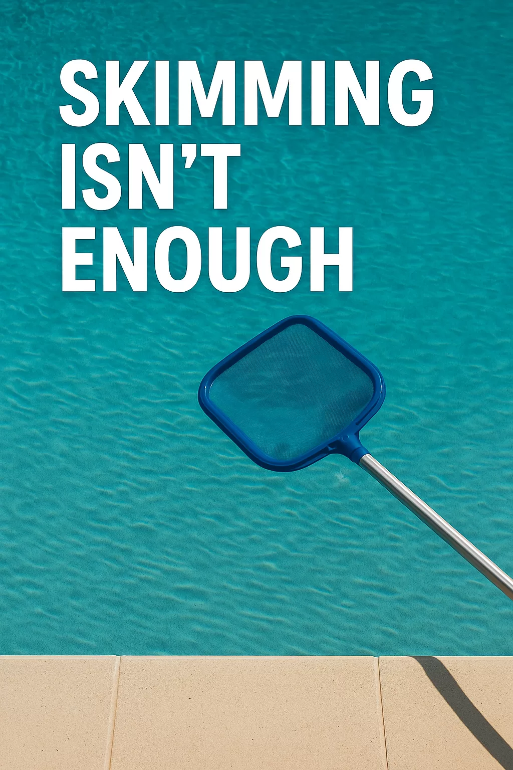 A backyard swimming pool with a surface skimmer net failing to collect debris, while leaves and dirt remain in the water. Overlay text reads “Skimming Isn’t Enough,” highlighting the need for full pool service.