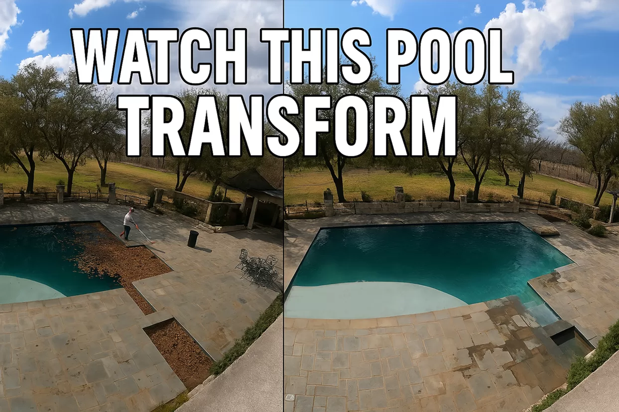 Infographic showing a backyard swimming pool with text overlay listing signs you need weekly pool cleaning: cloudy water, fast chlorine loss, full skimmer baskets, debris at the bottom, and algae smell. Designed for San Angelo pool owners.