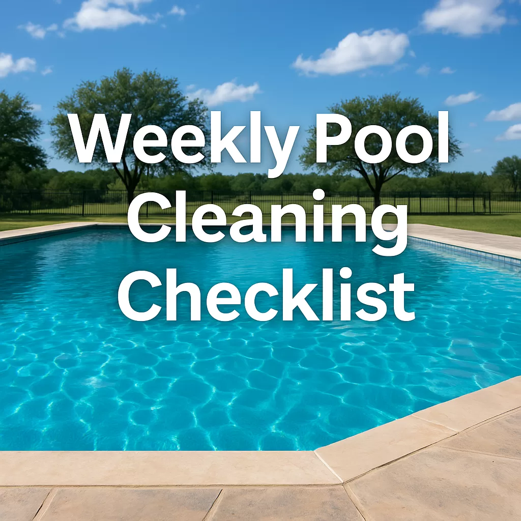 A sparkling blue swimming pool on a sunny day, reflecting the sky and surrounded by clean stone coping. Overlay text reads “What’s Included in Weekly Pool Cleaning?”