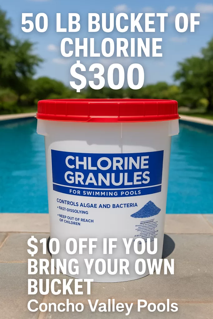 A large bucket of granular pool chlorine with bold overlay text reading “Spring Special – 50 lbs for $300.” The image promotes affordable chlorine pricing and delivery in San Angelo, Texas.