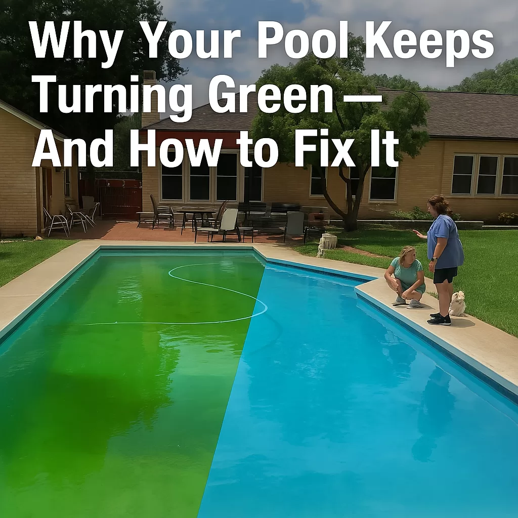 A backyard swimming pool split diagonally to show a before-and-after effect: the left side is green with algae, while the right side is clear and blue. Two women and a small dog are seen near the clean side of the pool, under a bright sky.
