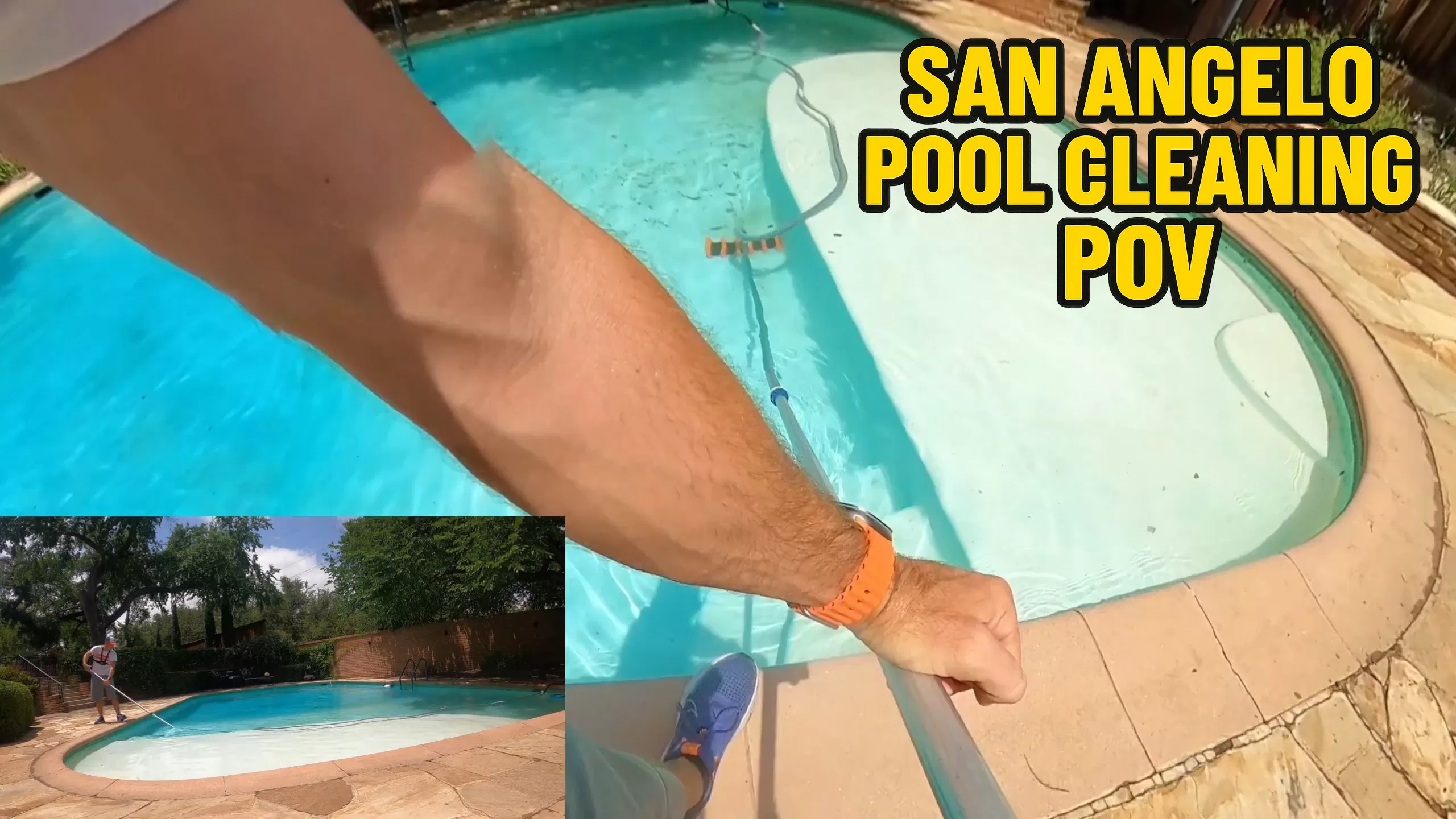 GoPro chest cam view of San Angelo pool cleaning with manual vacuuming and brushing, featuring real service from Concho Valley Pool