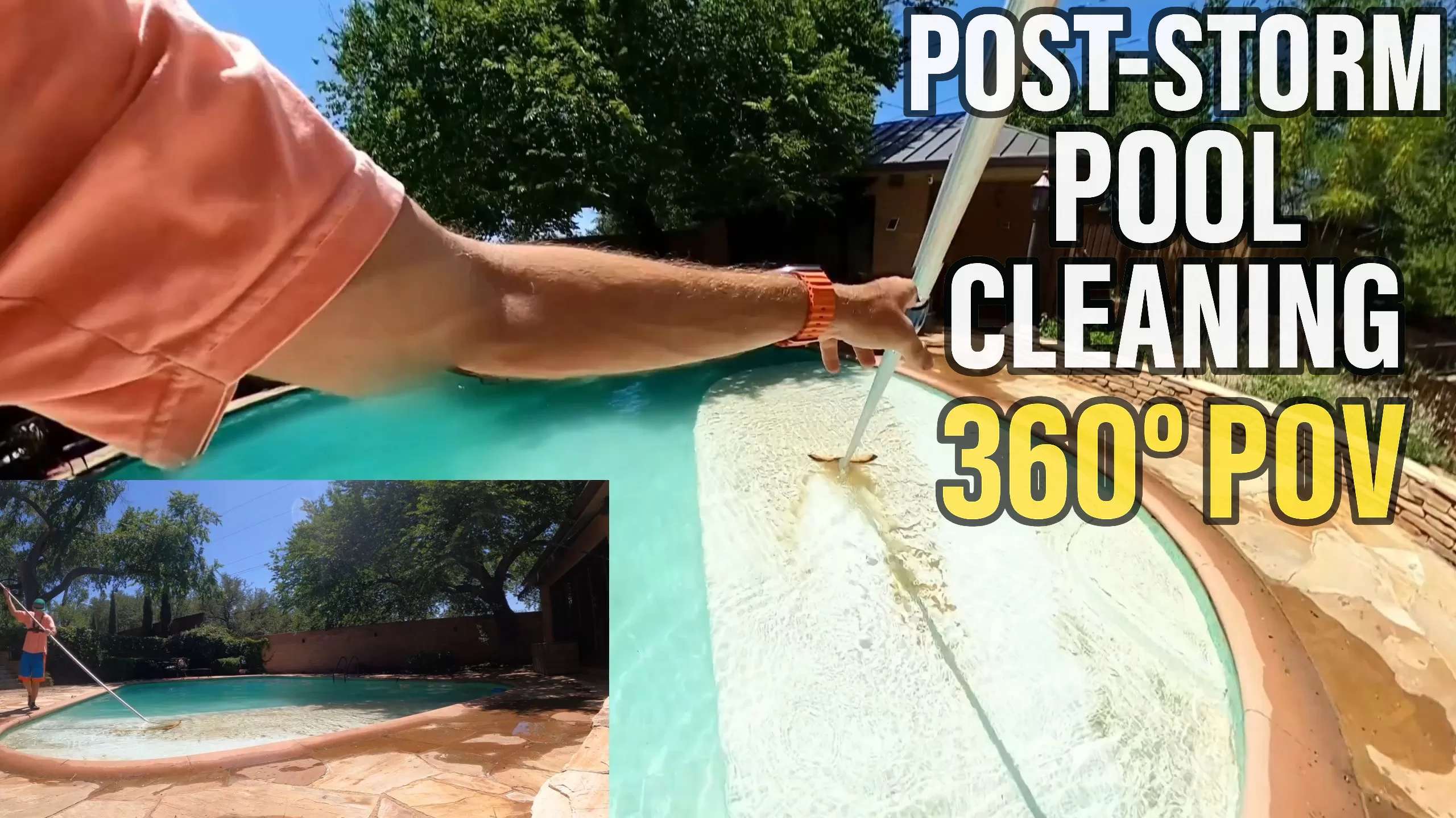 Pool cleaning in San Angelo with GoPro Max 360 chest cam showing brushing and skimming in progress