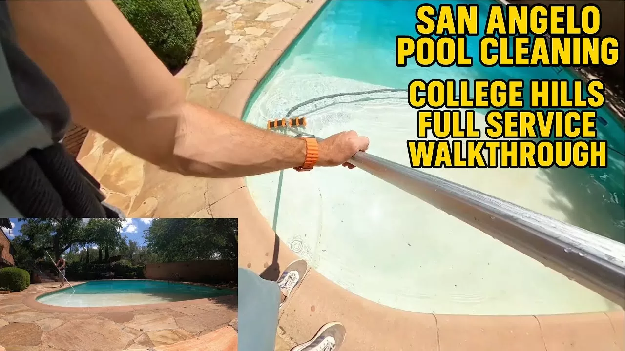 San Angelo pool cleaner vacuums a dirty sundeck in College Hills, Texas, with clear water reflecting the blue sky and pool cleaning tools in view.