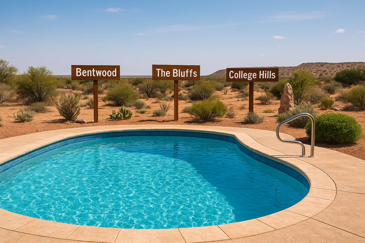 Clean backyard pool in San Angelo surrounded by neighborhood signs — Bentwood, The Bluffs, College Hills