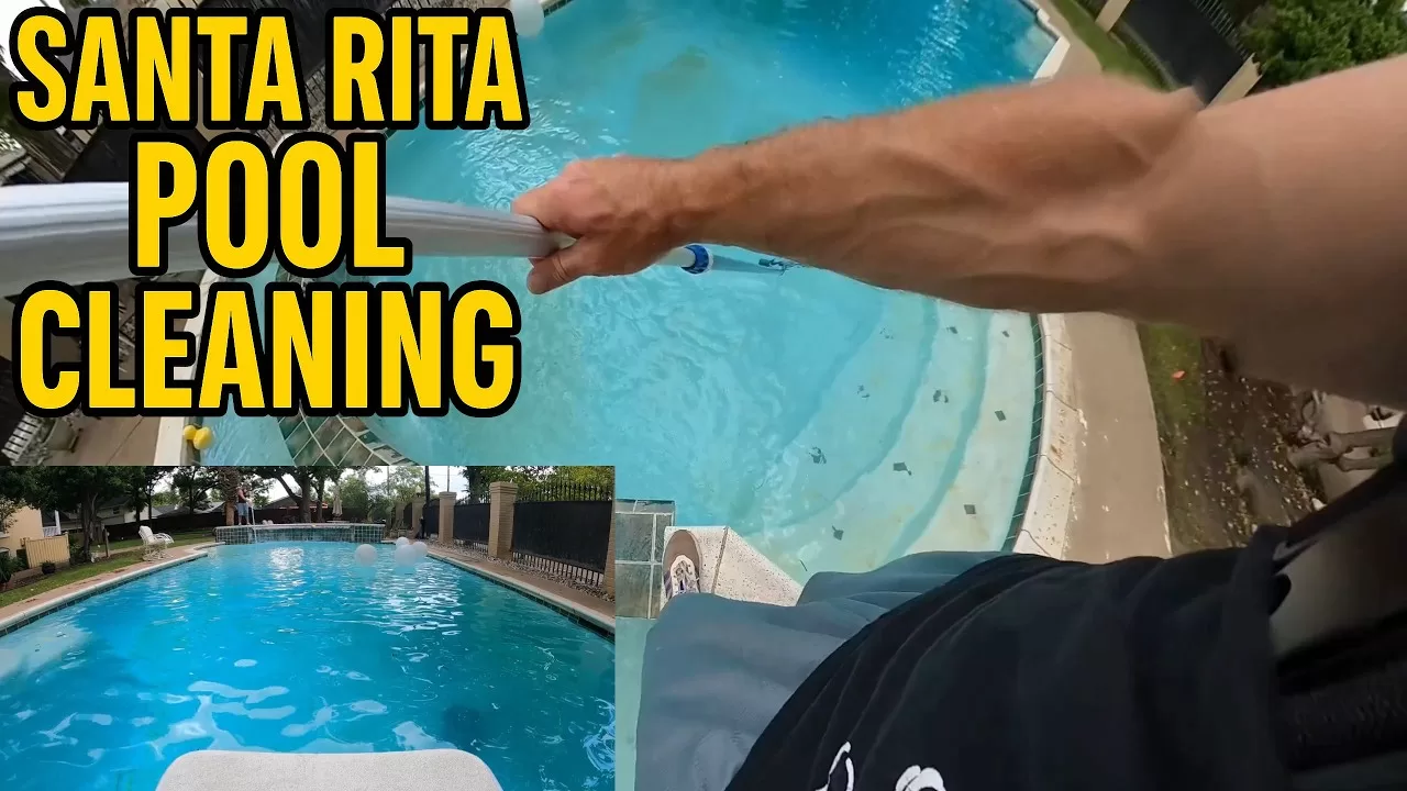 First-person view of a pool cleaning in San Angelo’s Santa Rita neighborhood, showing a gloved hand skimming a turquoise pool with clear water and subtle debris