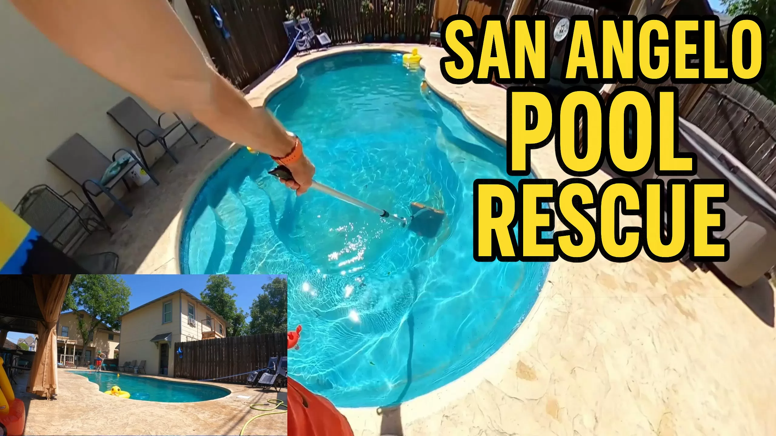 San Angelo pool technician skimming debris from a small backyard pool with clear water, shown in 360° POV with picture-in-picture wide angle view