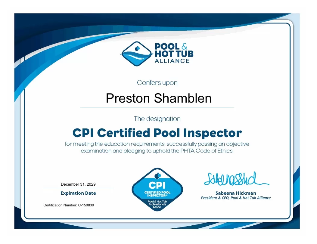 Certified Pool Inspector (CPI) certification — Concho Valley Pool in San Angelo, TX