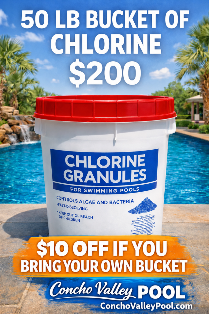50 lb bucket of chlorine granules for swimming pools priced at $200 from Concho Valley Pool in San Angelo